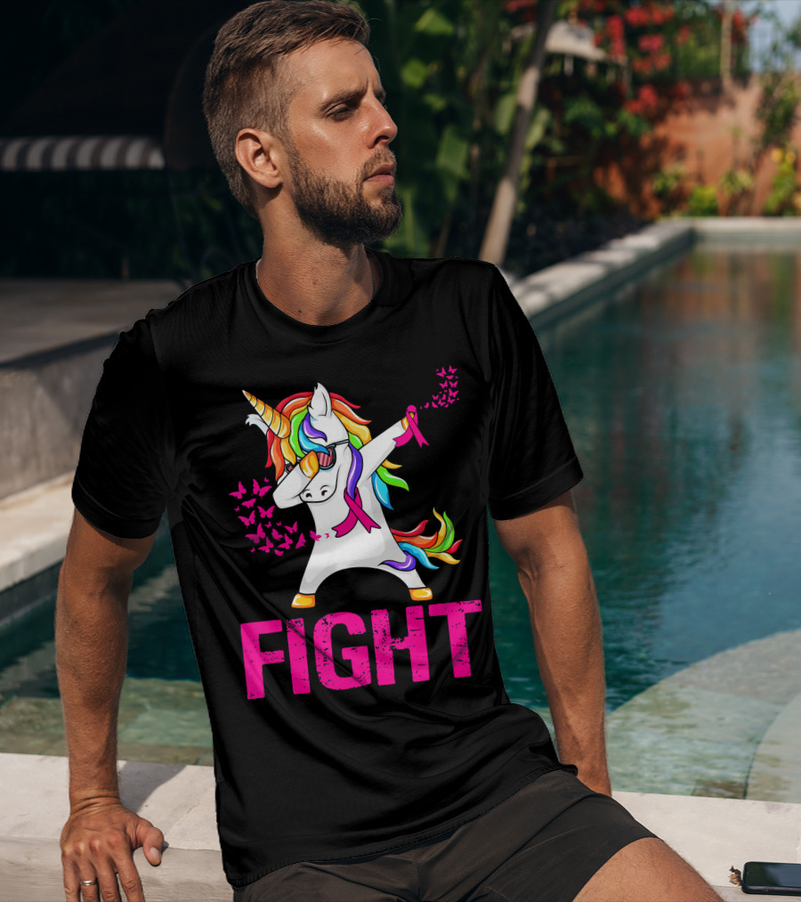Fight Breast Cancer Awareness Unicorn Dabbing With Rainbow Mane And Butterflies T-Shirt