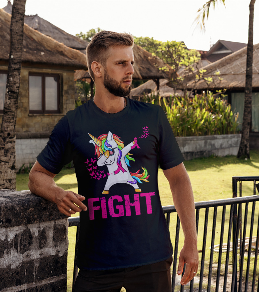 Fight Breast Cancer Awareness Unicorn Dabbing With Rainbow Mane And Butterflies T-Shirt