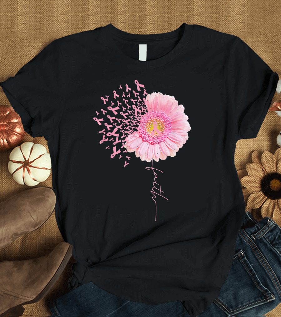 Faith Pink Ribbon Daisy Flower Breast Cancer Awareness T-Shirt