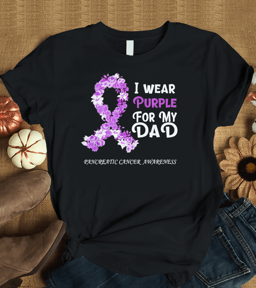 I Wear Purple for My Dad Pancreatic Cancer Awareness Flower T-Shirt