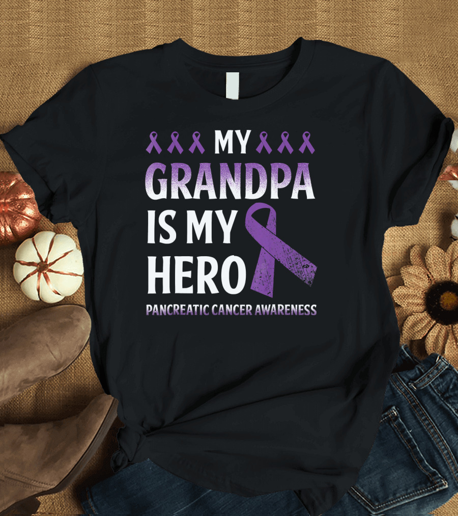 My Grandpa Is My Hero Pancreatic Cancer Awareness Purple Ribbons T-Shirt