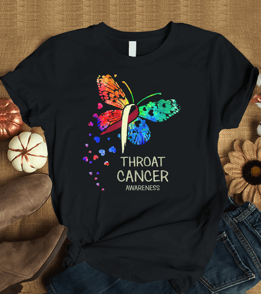 Throat Cancer Awareness Ribbon Butterfly Colorful T-Shirt