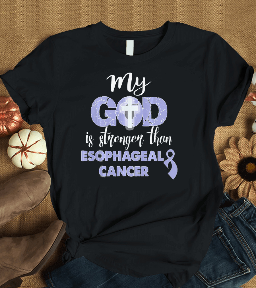 My God is Stronger Than Esophageal Cancer Purple Ribbon Cross T-Shirt