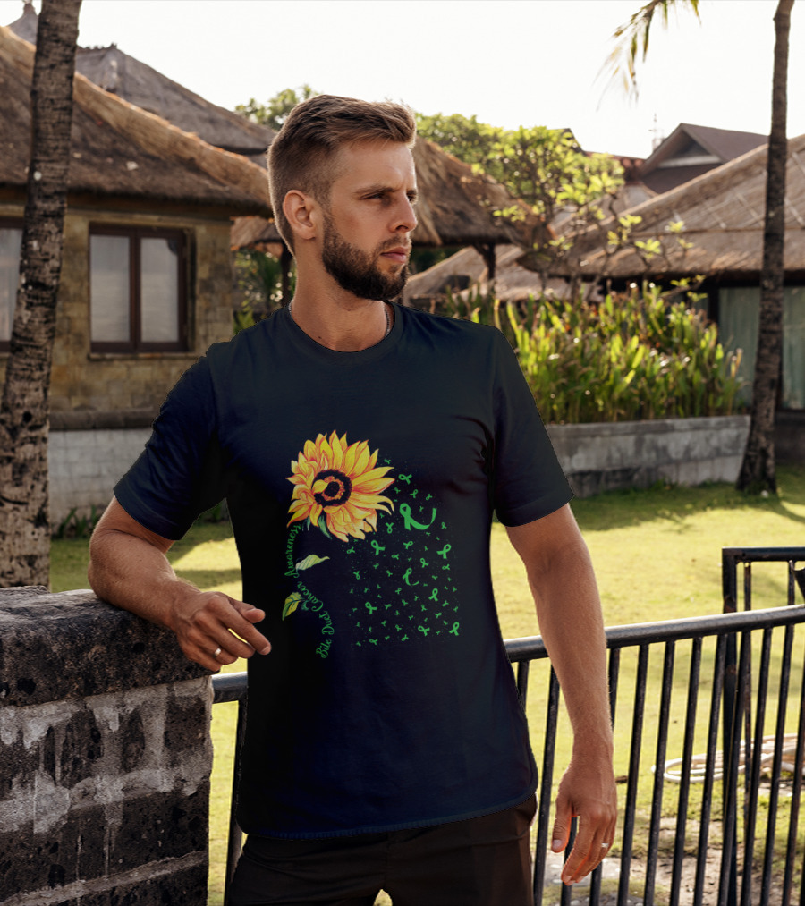 Sunflower Bile Duct Cancer Awareness Ribbon Green T-Shirt
