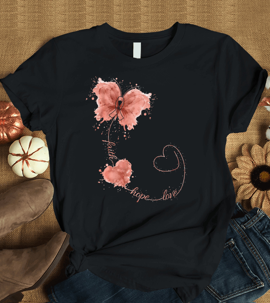 Faith Hope Love Butterfly Ribbon Uterine Cancer Awareness T-Shirt