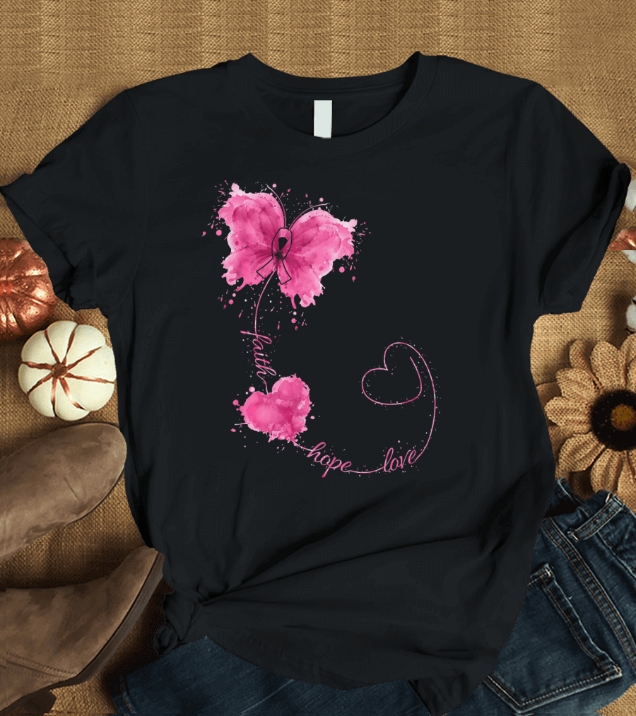 Faith Hope Love Butterfly with Pink Ribbon Breast Cancer Awareness T-Shirt