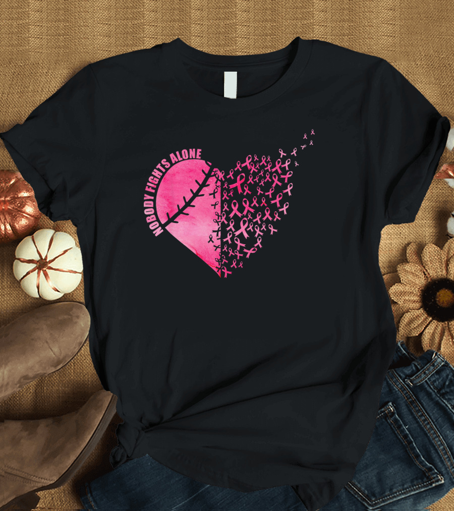 Nobody Fights Alone Heart Pink Ribbons Baseball Softball T-Shirt