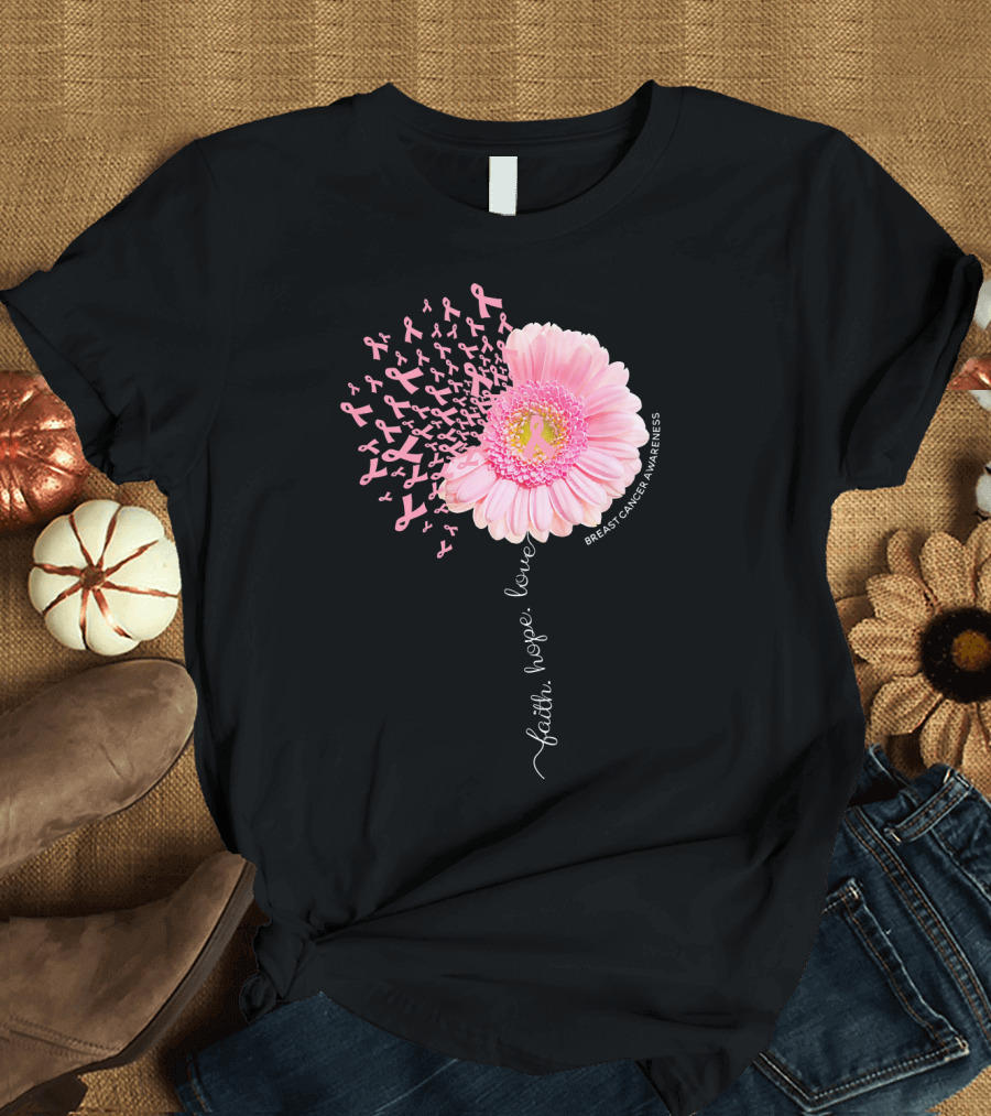 Faith Hope Love Dandelion Daisy Breast Cancer Awareness T-Shirt