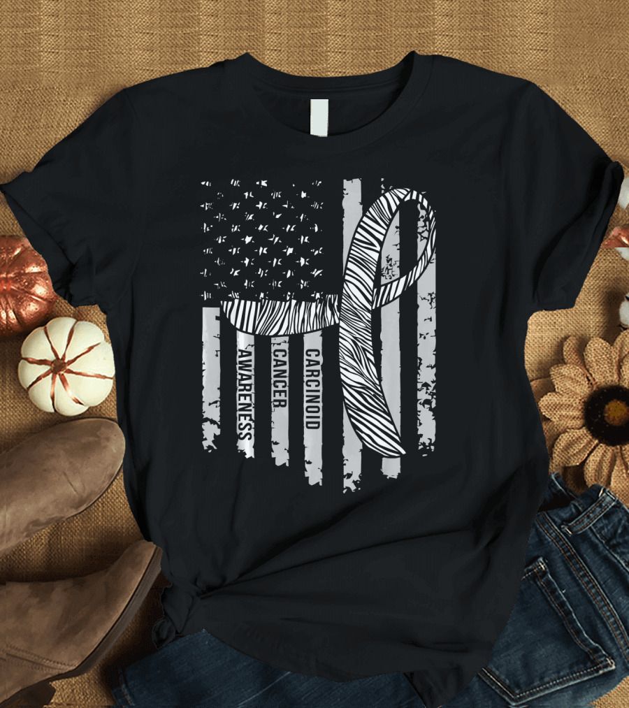 Zebra Ribbon Carcinoid Cancer Awareness American Flag Support T-Shirt