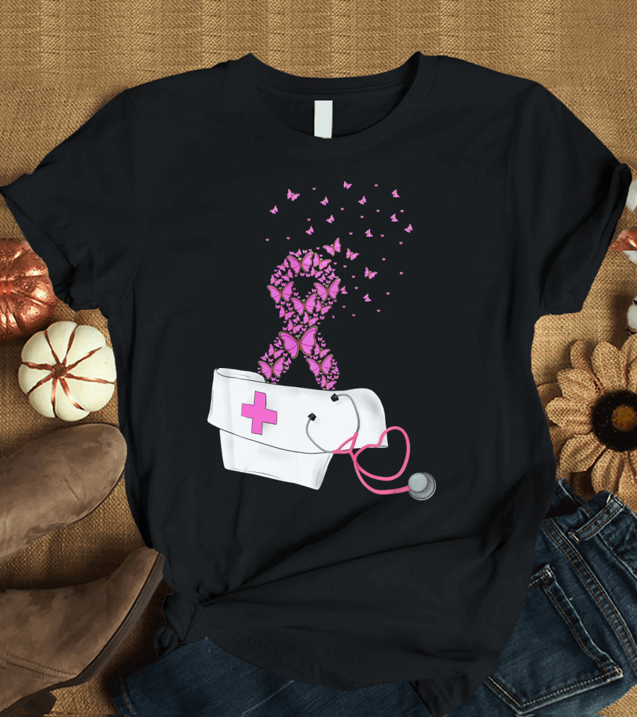Breast Cancer Awareness Pink Butterfly Ribbon Nurse Doctor Stethoscope Hat T-Shirt
