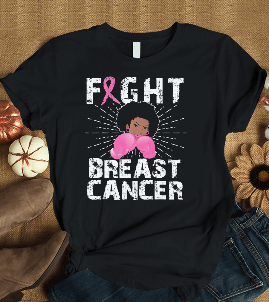 FIGHT Breast Cancer Pink Ribbon Afro Woman Boxing Gloves T-Shirt