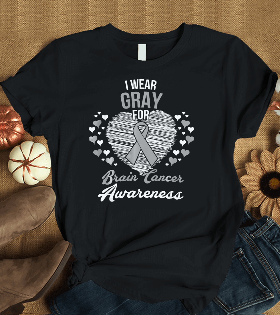 I Wear Gray for Brain Cancer Awareness Ribbon Heart and Hearts T-Shirt