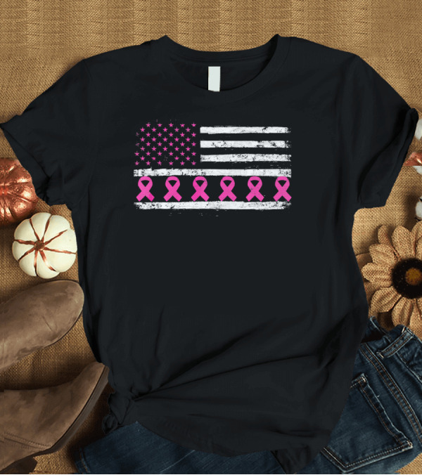 T-Shirt: American Flag Distressed Breast Cancer Awareness Pink Ribbons T-Shirt American Flag Distressed Breast Cancer Awareness Pink Ribbons T-Shirt