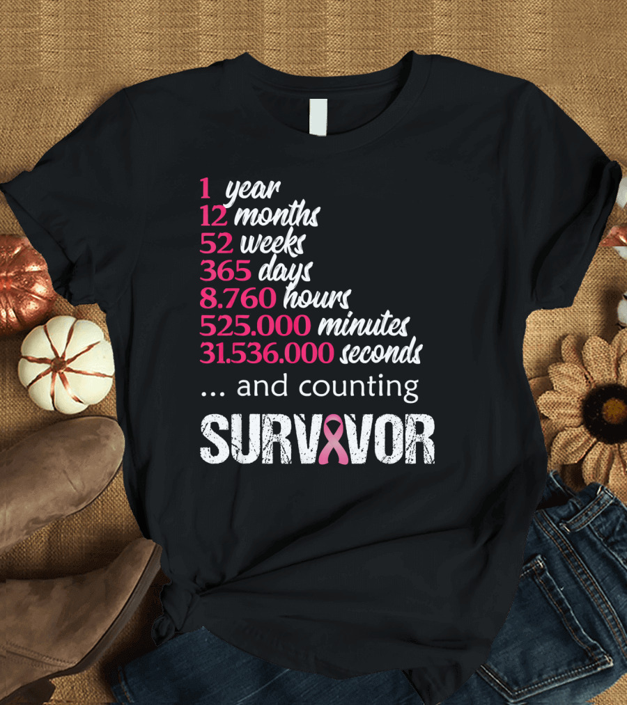 1 Year Survivor Breast Cancer and Counting Pink T-Shirt