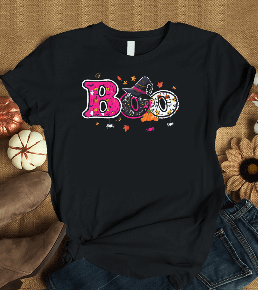 Boo Halloween Breast Cancer Awareness Witch Hat Ribbon Pumpkins Spiders Leaves T-Shirt