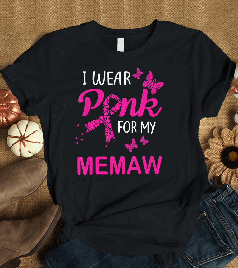 I Wear Pink for My Memaw Butterfly Heart Ribbon Breast Cancer T-Shirt