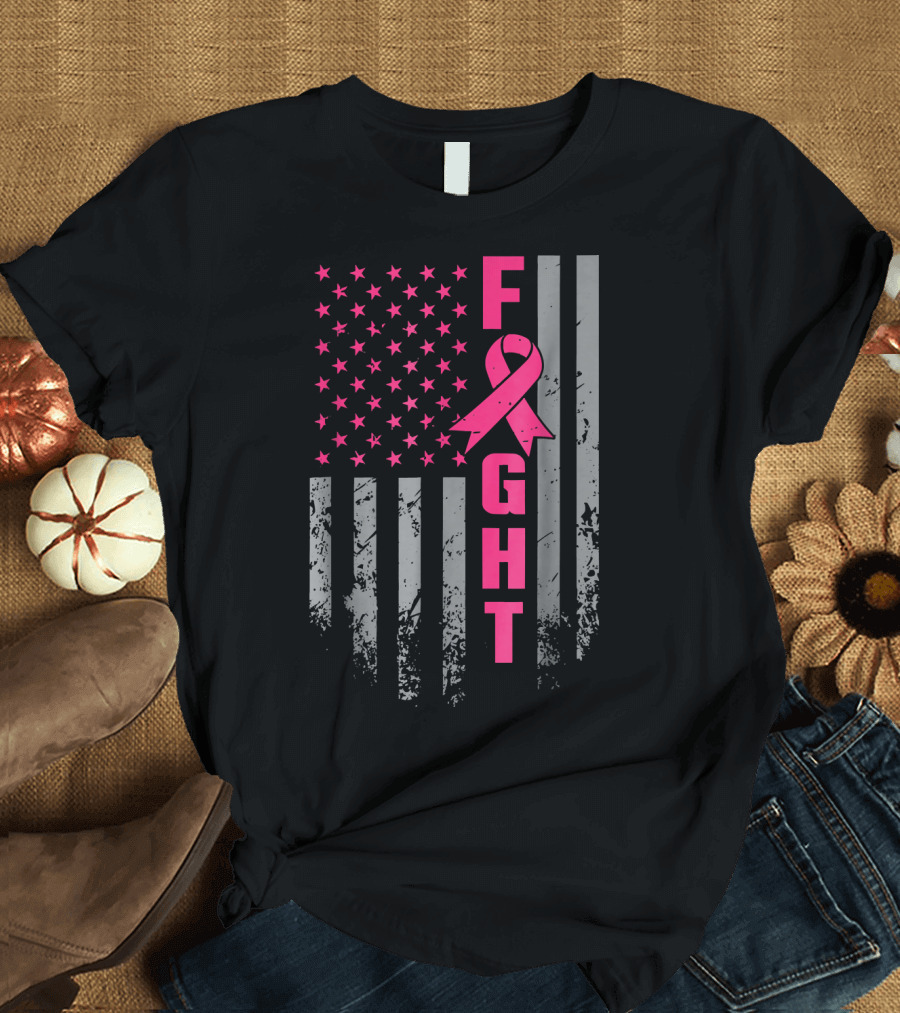 Breast Cancer Awareness American Flag Fight T-Shirt