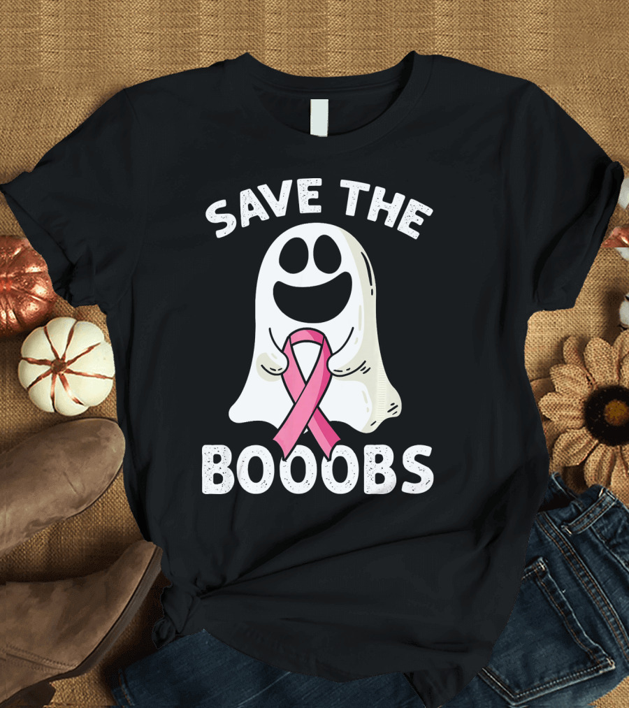 Save The Boooobs Funny Ghost Pink Ribbon Breast Cancer Awareness T-Shirt