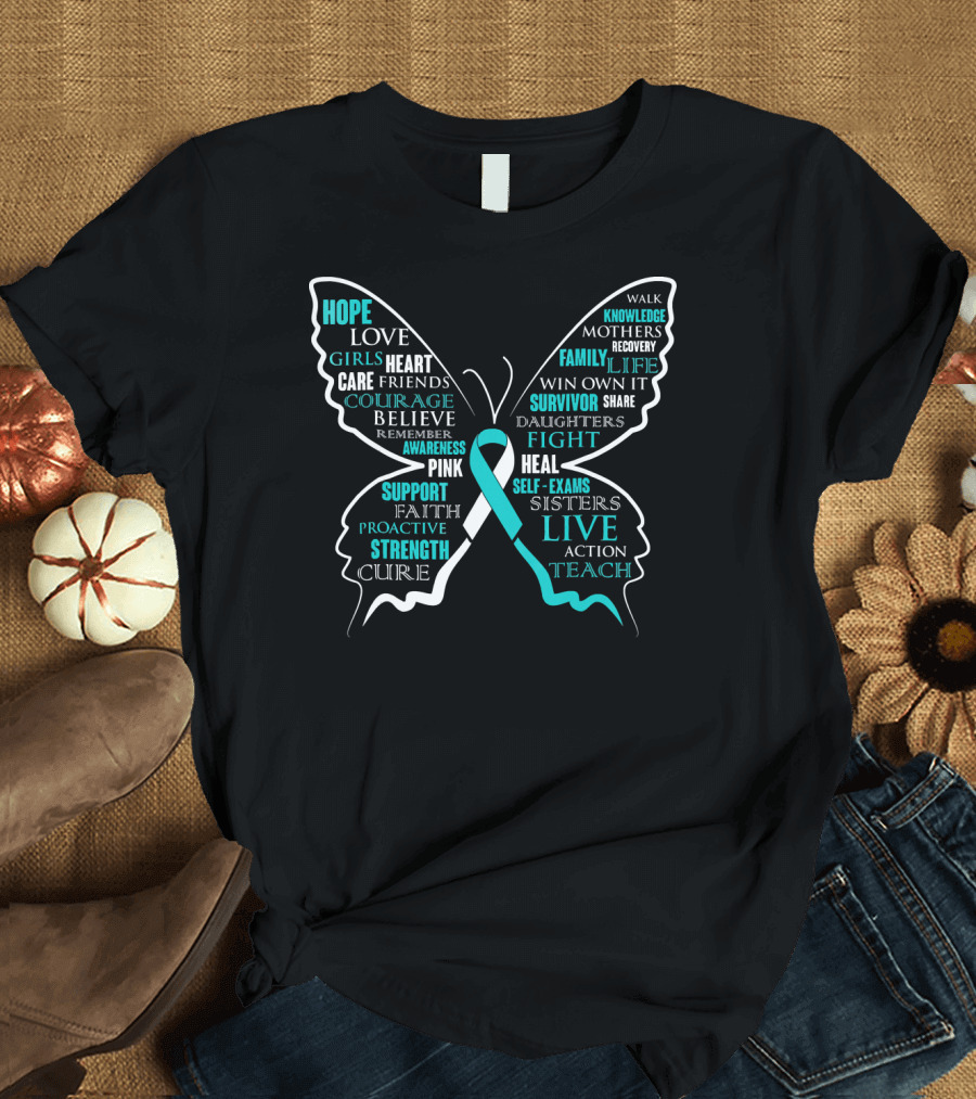 Hope Faith Courage Love Butterfly Cervical Cancer Awareness T-Shirt