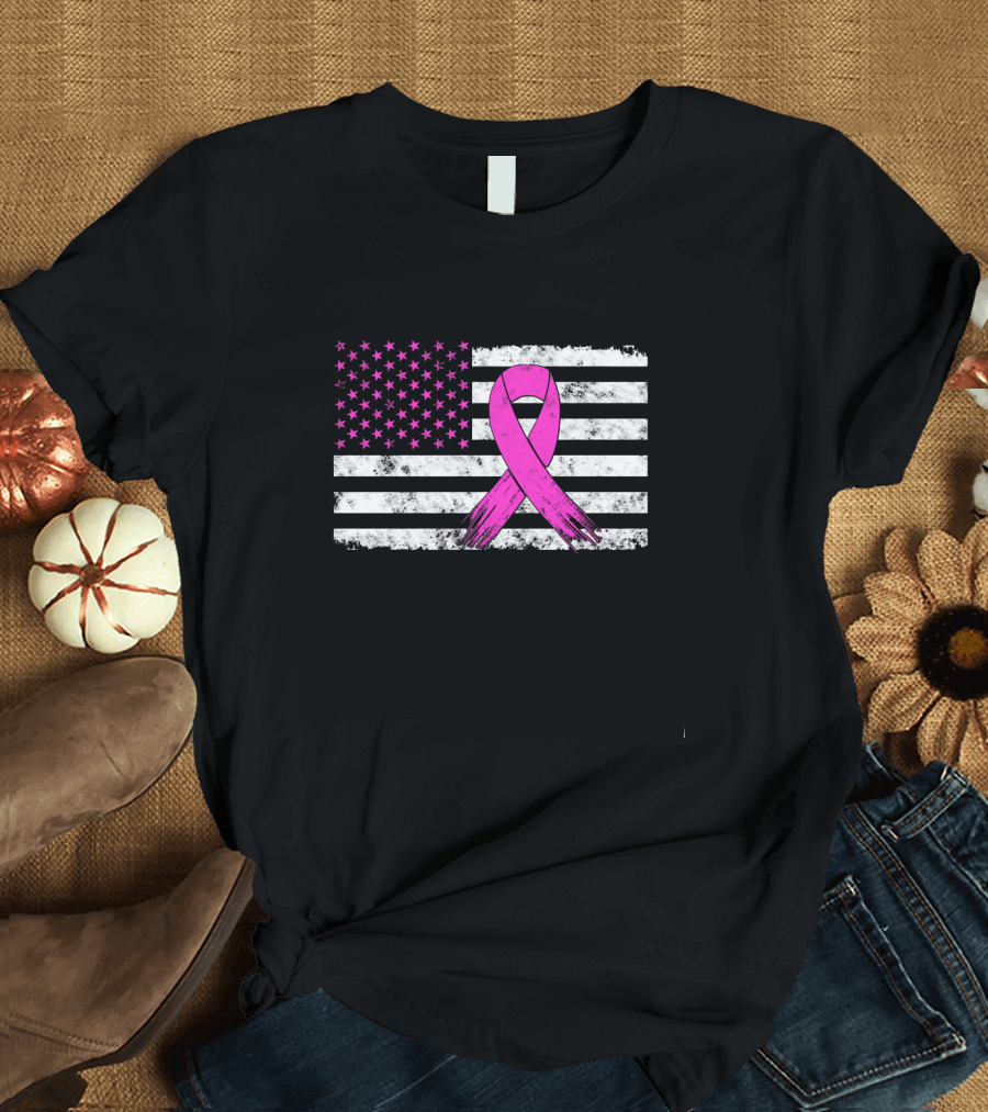 Distressed Pink Ribbon Breast Cancer Awareness American Flag T-Shirt