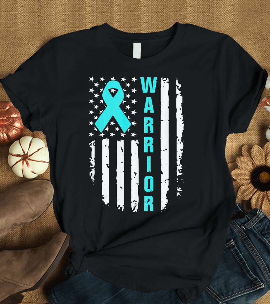 Warrior Teal Ribbon American Flag Ovarian Cancer T-Shirt