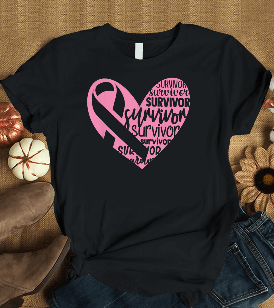 Survivor Pink Ribbon Heart Breast Cancer Pin T-Shirt