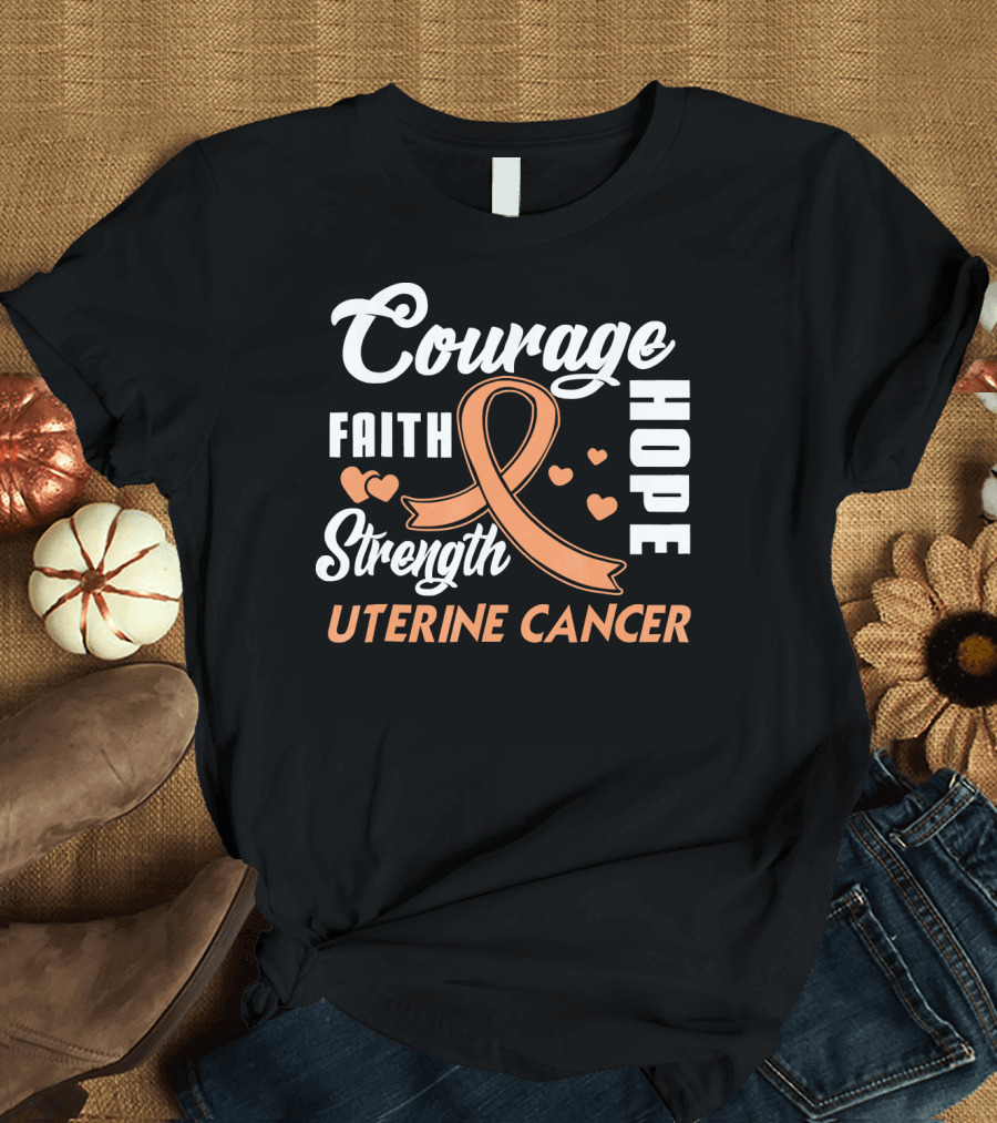 Courage Faith Strength Hope Uterine Cancer Fight Wear Peach T-Shirt
