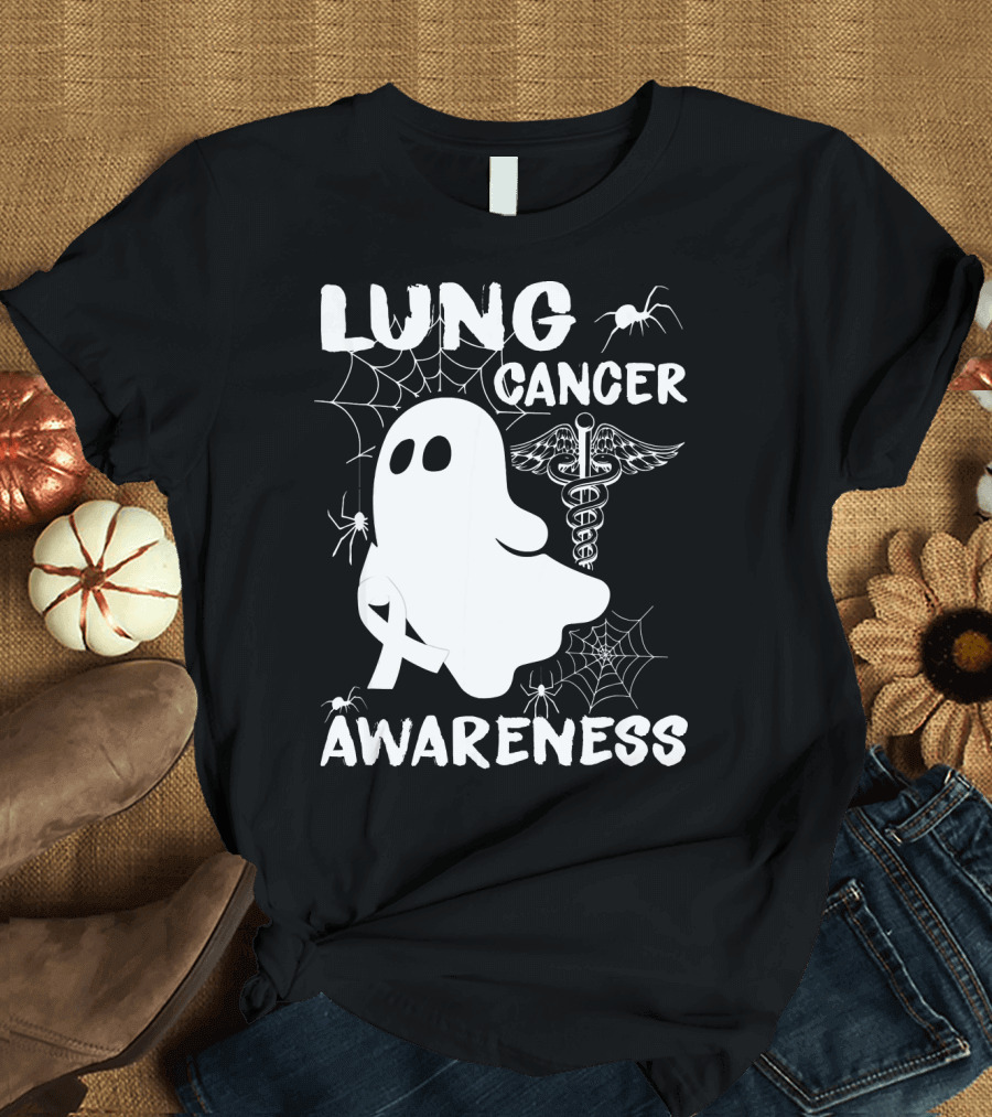 Lung Cancer Awareness Boo Ghost with Spider Webs and Spider T-Shirt