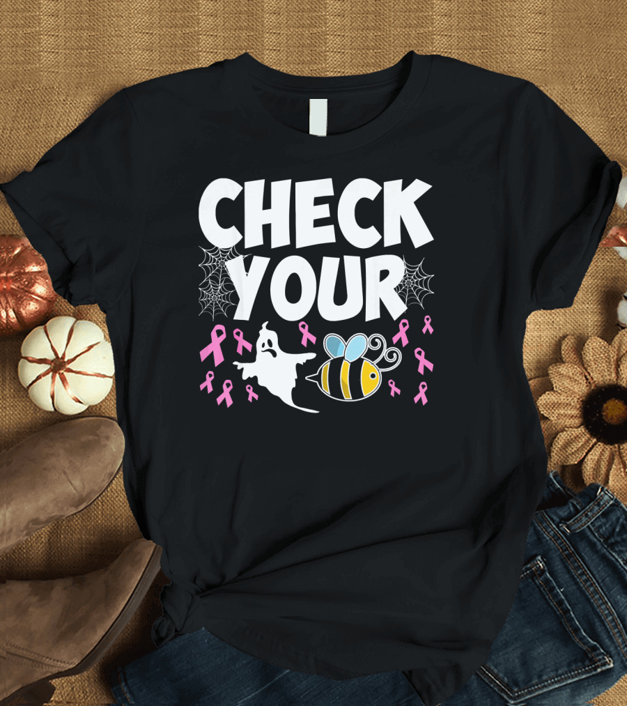 CHECK YOUR BOO BEES Breast Cancer Awareness Halloween Ghost and Bee with Ribbons T-Shirt