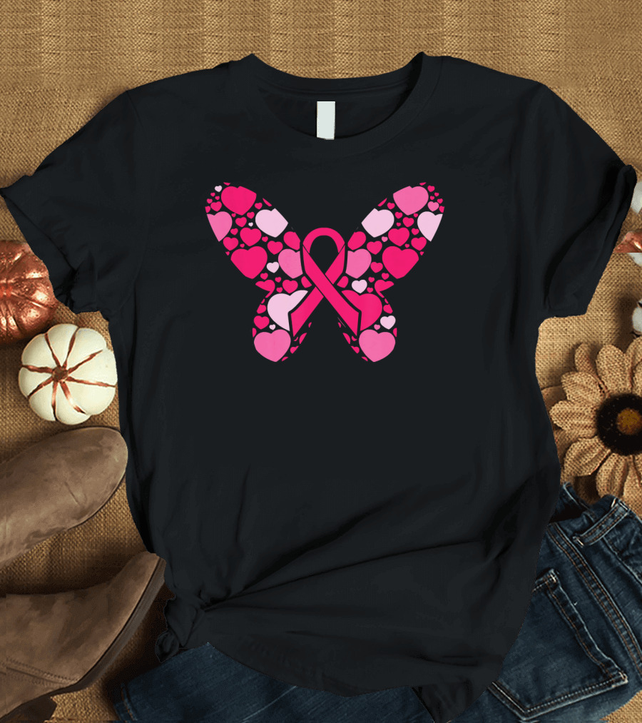 Pink Ribbon Hearts Butterfly Breast Cancer Awareness T-Shirt