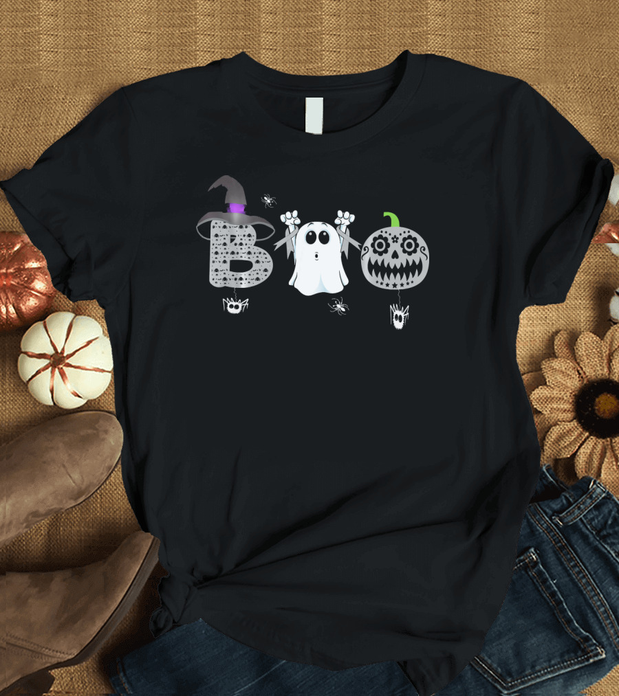 Boo Ghost Witch Hat Sugar Skull Brain Cancer Awareness T-Shirt