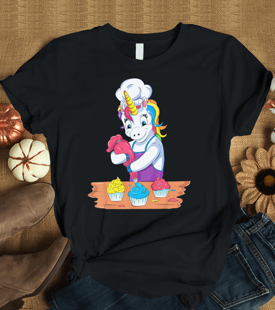 Unicorn Baking Colorful Cupcake Creations Chef T-Shirt