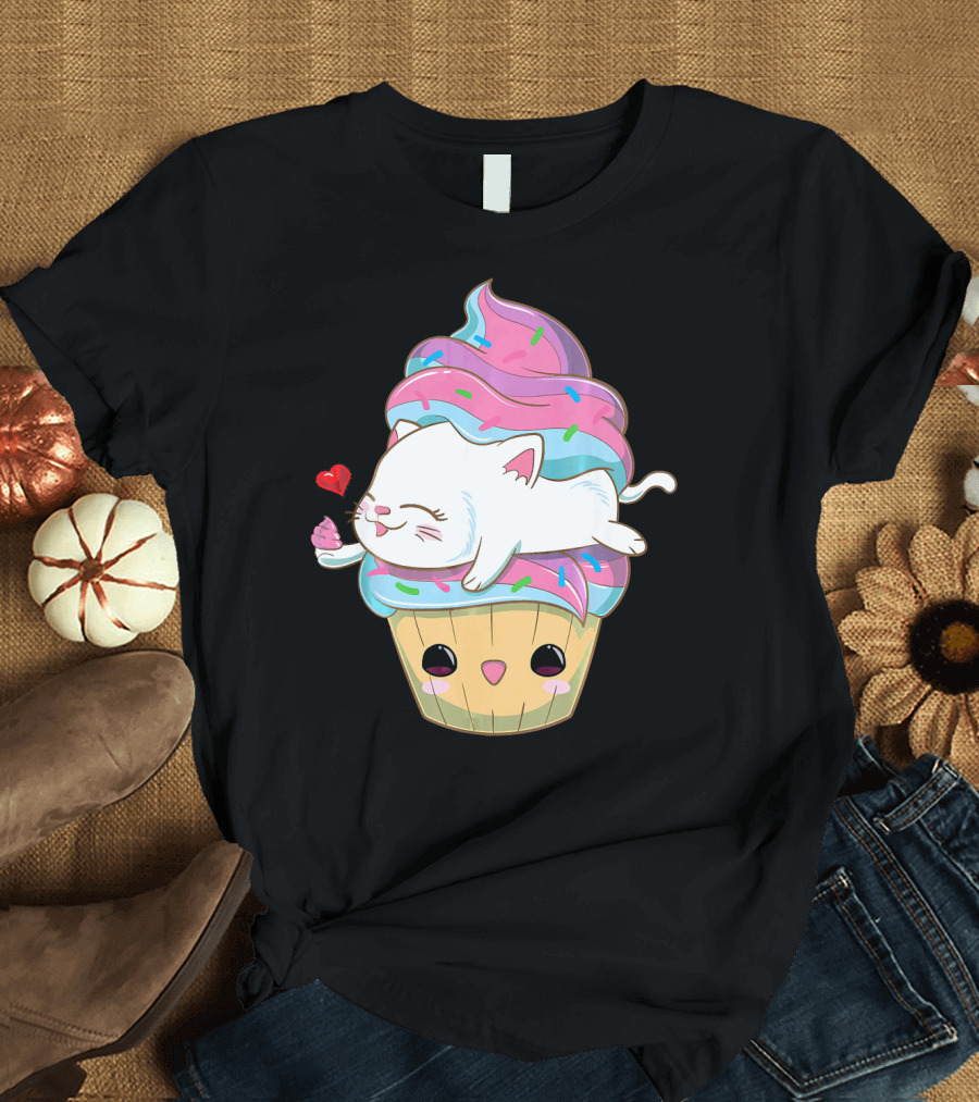 Cute Kawaii Cat on Pastel Sprinkles Cupcake with Heart Balloon T-Shirt
