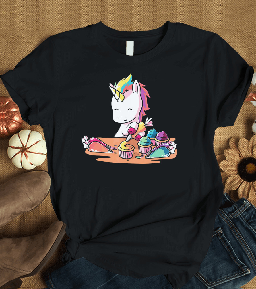Unicorn Decorating Colorful Cupcakes with Rainbow Frosting T-Shirt