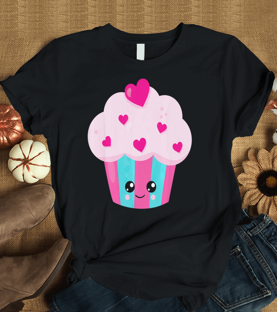 Kawaii Pink Hearts Cupcake with Cute Happy Face T-Shirt