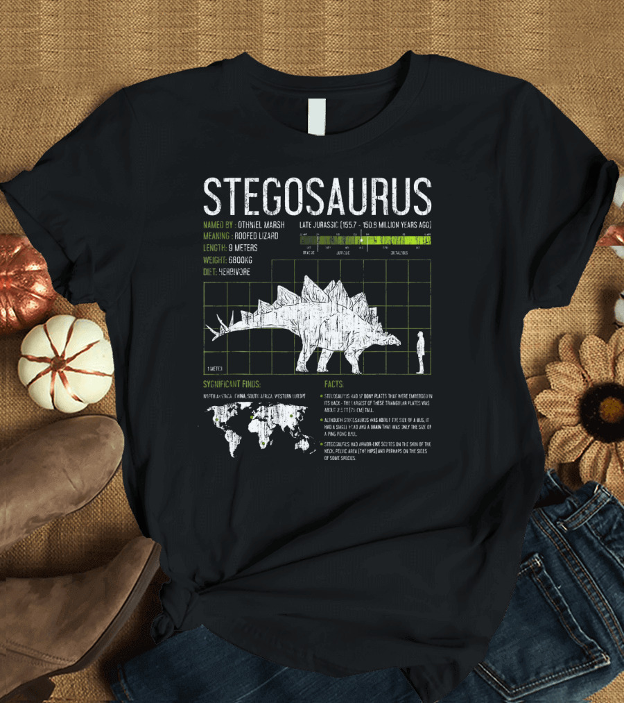 Stegosaurus Named by Othniel Marsh Roofed Lizard Late Jurassic 9 Meters 6800kg Herbivore Facts T-Shirt