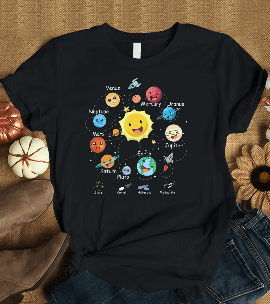 Funny Planets Solar System with Cute Sun and Space Objects T-Shirt