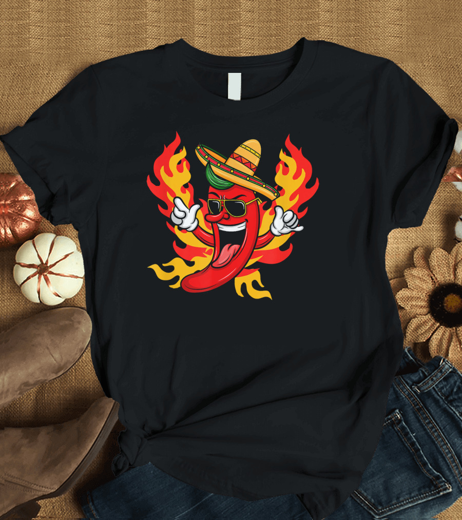 Cool Peppers Hot and Spicy Chili Flame Sombrero Party T-Shirt