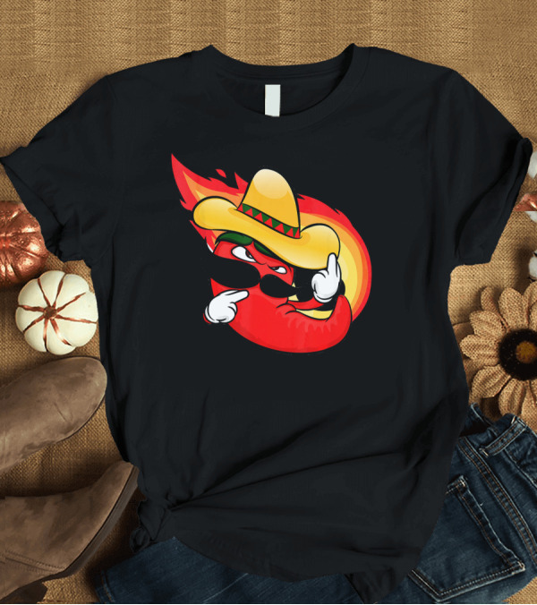 T-Shirt: Spicy Hot and Spicy Chili Red with Burning Chili Pepper in Sombrero and Flame Background T-Shirt Spicy Hot and Spicy Chili Red with Burning Chili Pepper in Sombrero and Flame Background T-Shirt