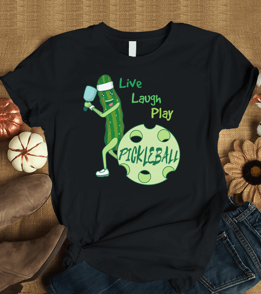 Live Laugh Play Pickleball Funny Sports Pickle Character Paddle T-Shirt