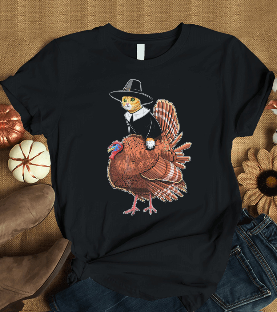 Thanksgiving Cat Dressed as Pilgrim Riding Turkey T-Shirt