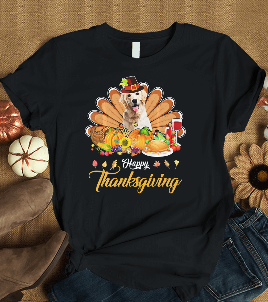 Happy Thanksgiving Golden Retriever Turkey Dish Wine T-Shirt