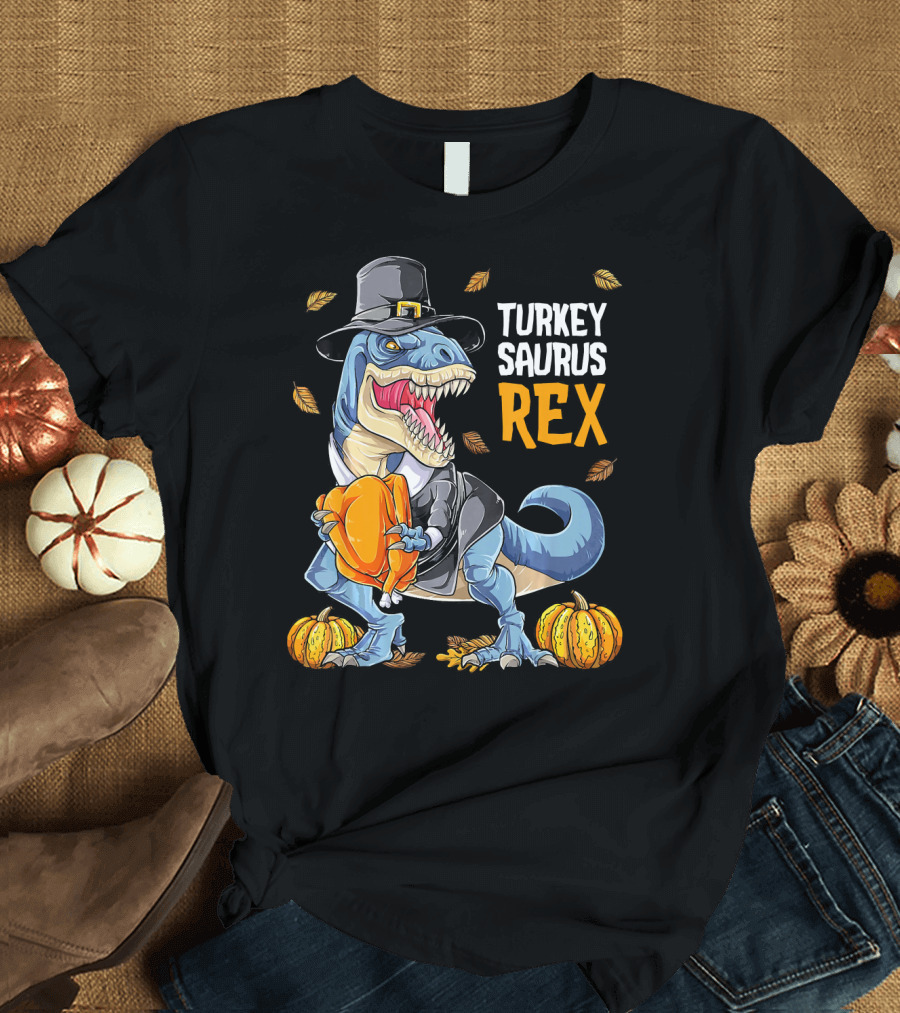 Turkey Saurus Rex Dinosaur Thanksgiving Boys Pilgrim Hat Pumpkin T-Shirt
