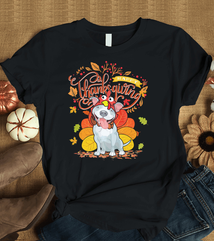 Happy Thanksgiving Pit Bull Wearing Turkey Hat Autumn Leaves T-Shirt