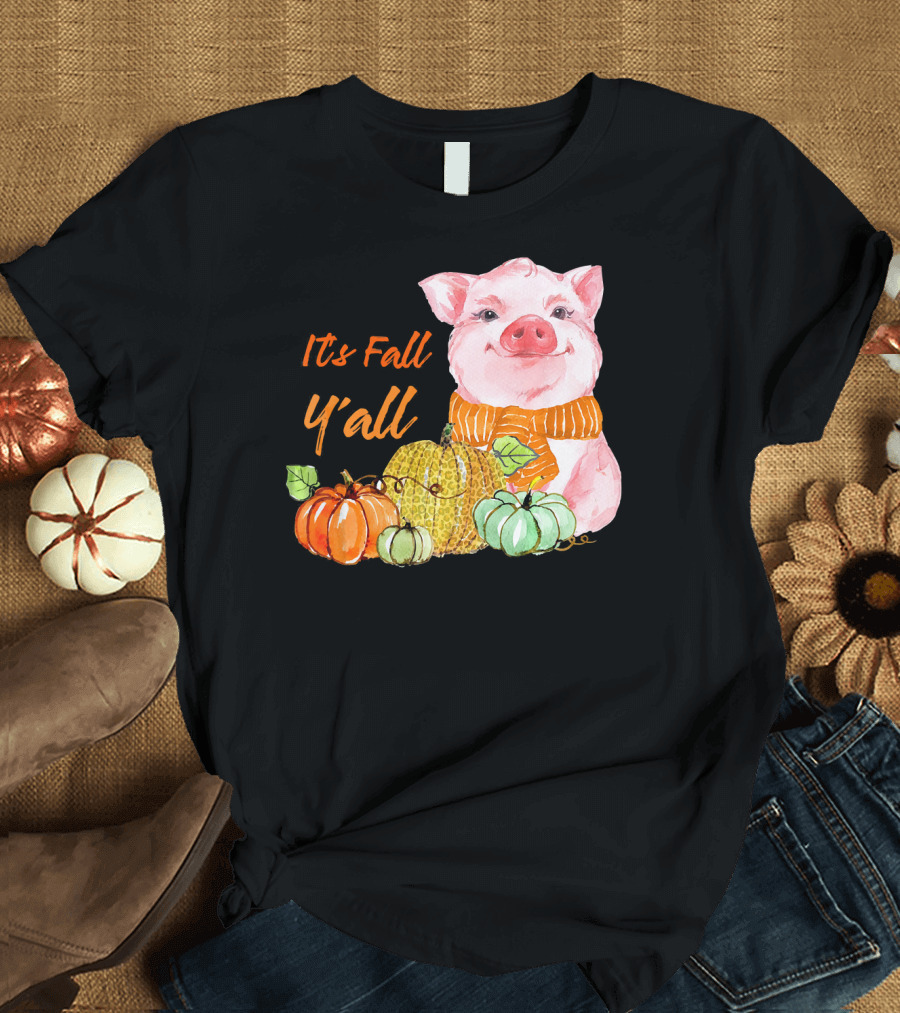 Its Fall Y'all Cute Pig with Leopard Pumpkin Scarf T-Shirt