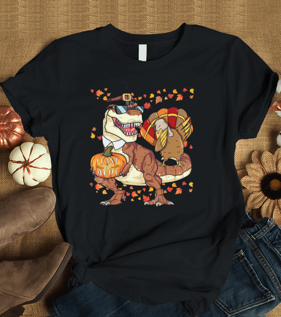 Thanksgiving Feast Mode Dinosaur with Turkey and Autumn Leaves T-Shirt