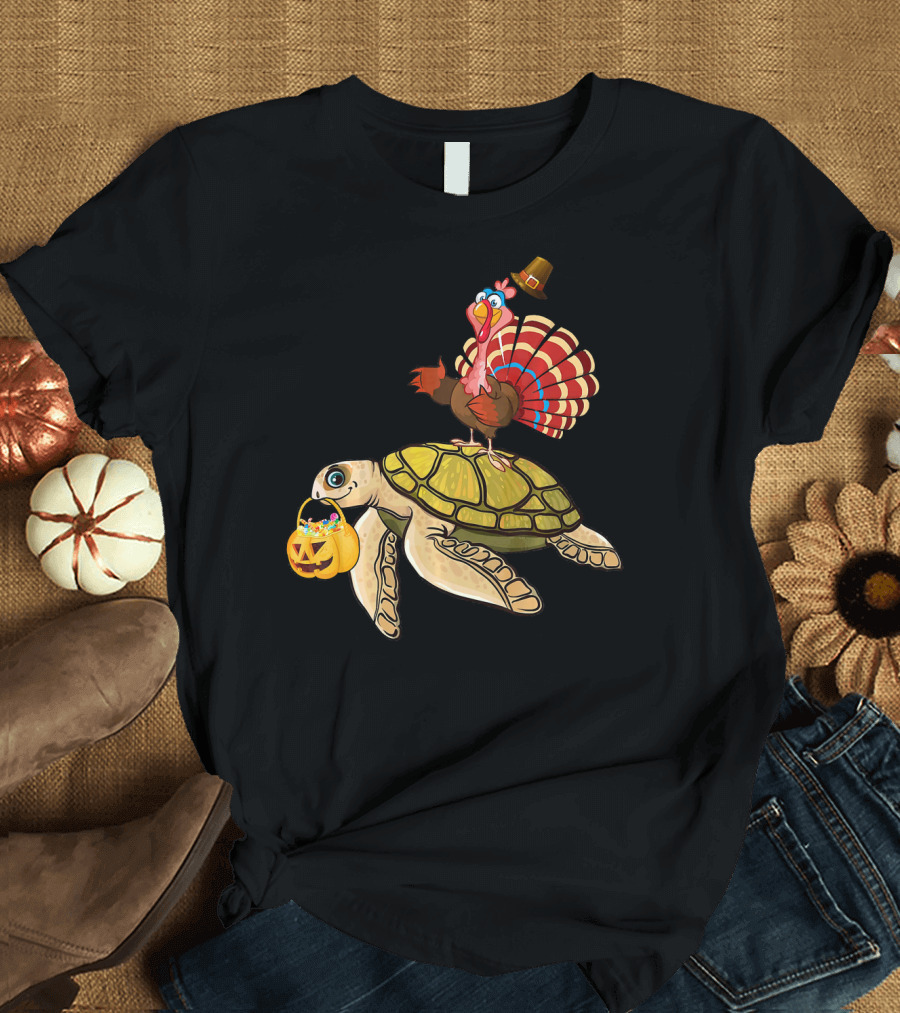 Turkey Riding Turtle Pumpkin Funny Sea Thanksgiving Halloween Fusion T-Shirt