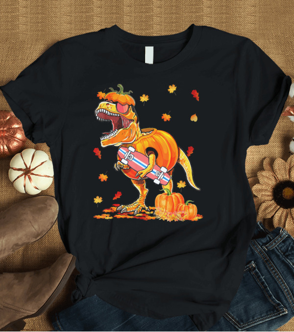 T-Shirt: Dinosaur Pumpkin Skateboard Autumn Leaves Hall T-Shirt Dinosaur Pumpkin Skateboard Autumn Leaves Hall T-Shirt