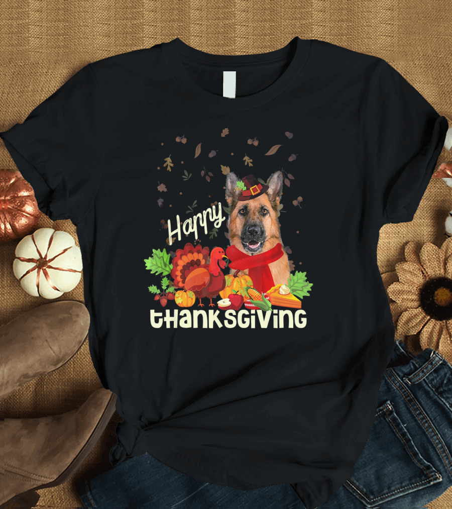 Happy Thanksgiving Pilgrim German Shepherd with Turkey and Fall Leaves T-Shirt