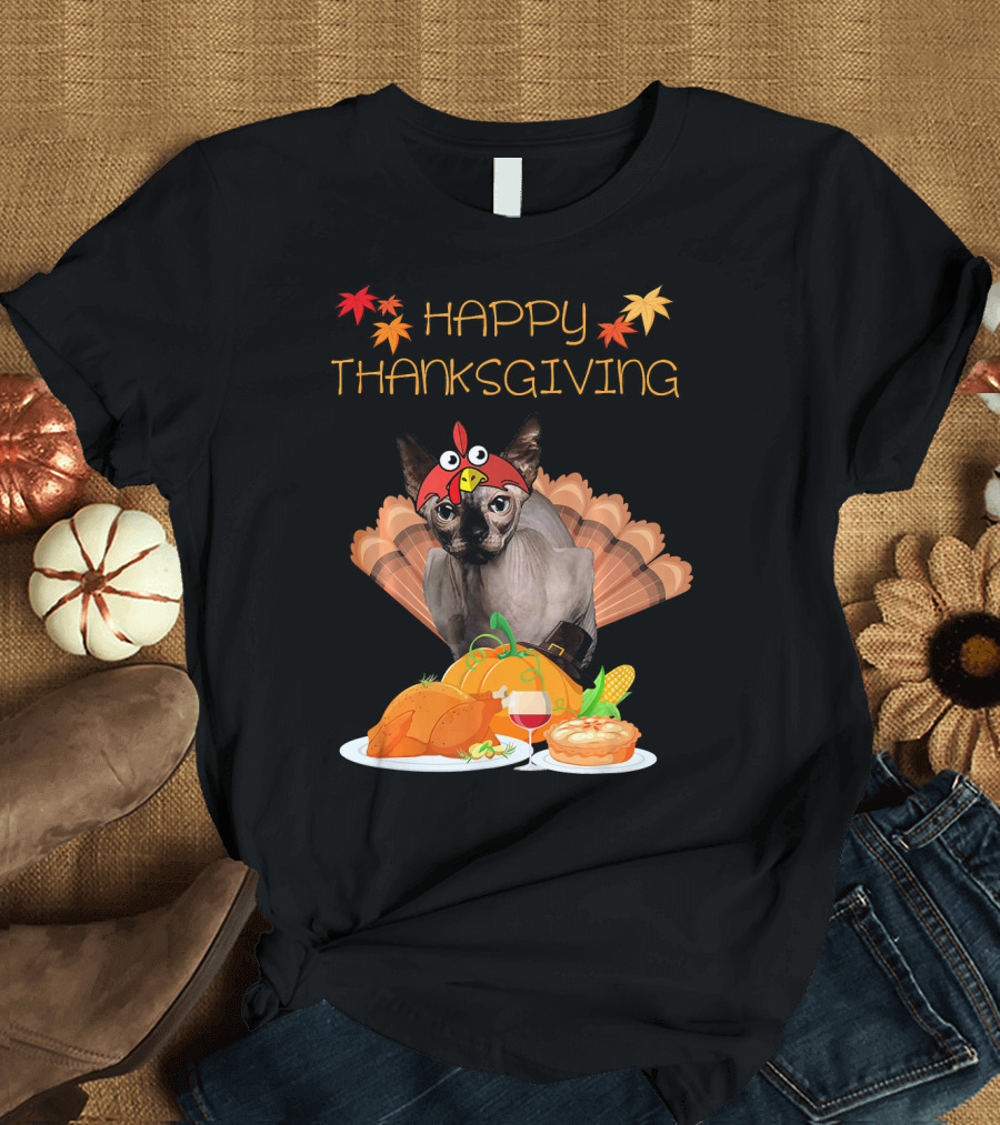 Happy Thanksgiving Sphynx Cat Turkey Feast T-Shirt